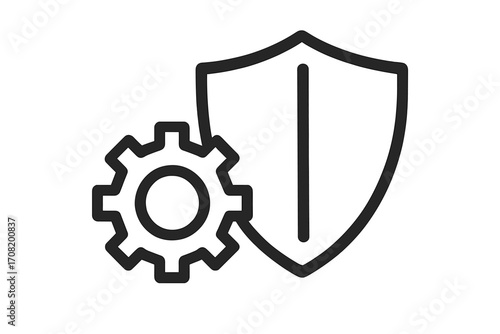 Privacy settings icon with shield and gear. Concept of data protection, security system, and safe maintenance. Technical support and industrial safety pictogram. Line vector.