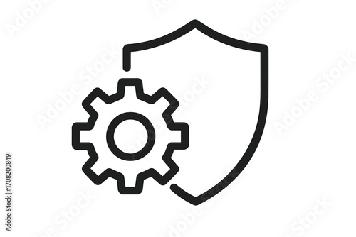 Privacy settings icon with gear and shield. System security, data protection, and safety concept. Technical configuration and maintenance symbol for web and apps. Vector.
