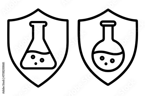 Lab safety shield icon set. Chemical protection symbol. Science experiment flask. Research certified logo. Laboratory glassware outline. Vector poison control secure test.
