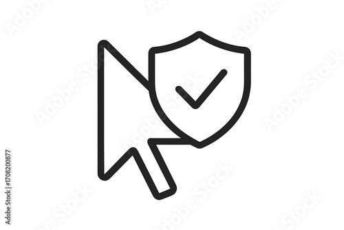 Cursor and shield with checkmark line icon. Concept of safe browsing, internet security, data protection. Symbol for trusted connection, verified choice, and online privacy.