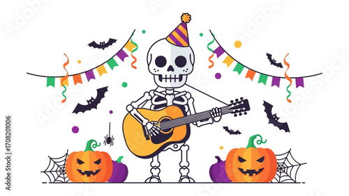 Spooky Serenade: An animated skeleton strums a guitar during a Halloween party with pumpkins, flags, and bats, conveying a fun, festive atmosphere. 