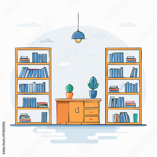 Home Library with Bookshelves and Potted Plants