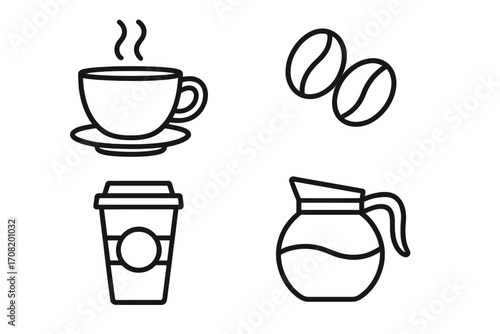 Coffee icon set line art vector. Linear icons for cafe menu, app, and web design. Includes coffee cup, mug, pot, beans, and to-go cup. Hot drink & beverage concept.