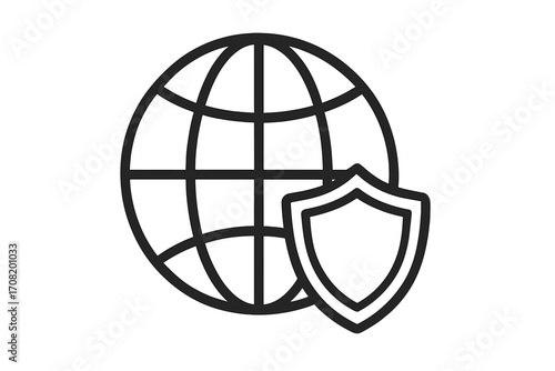 Globe and shield line icon. Concept of internet security, web protection, network safety. Vector illustration of cybersecurity, data privacy, vpn, global defense symbol.