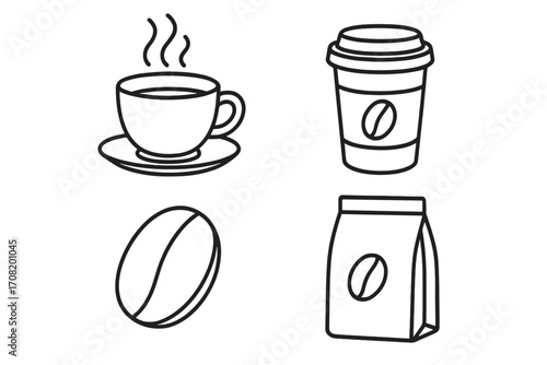 Coffee icon set linear outline style. Vector graphic collection for cafe menu, app, website. Includes hot cup, paper cup to go, coffee bean, and packaging bag illustration.