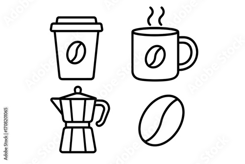 Coffee icon set in linear style. Vector illustration of takeaway cup, mug, moka pot, and coffee bean symbols. Graphic design elements for apps, web, cafe, and beverage concepts.