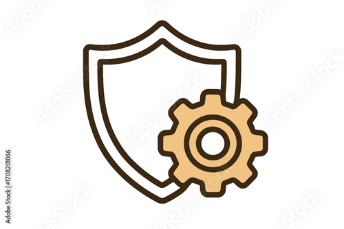 Shield and gear icon representing security settings, data protection, and privacy. Vector symbol for system defense, configuration, industrial safety, and development concept.