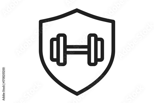 Dumbbell in shield icon. Fitness protection logo concept. Gym security emblem. Vector sign for workout, training, and bodybuilding. Strength and safety symbol for web and apps.