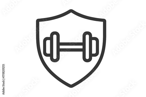 Fitness protection icon. Dumbbell and shield symbol. Concept of strength, security in sports, gym defense. Healthy lifestyle. Bodybuilding guard logo. Power training vector.