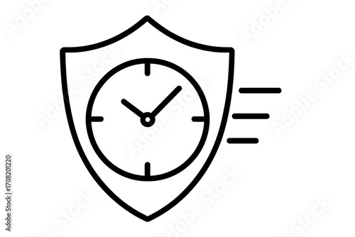 Time protection shield with clock icon. Fast time management concept. Deadline security and safety guarantee. Punctuality, efficiency, speed. Vector outline illustration.