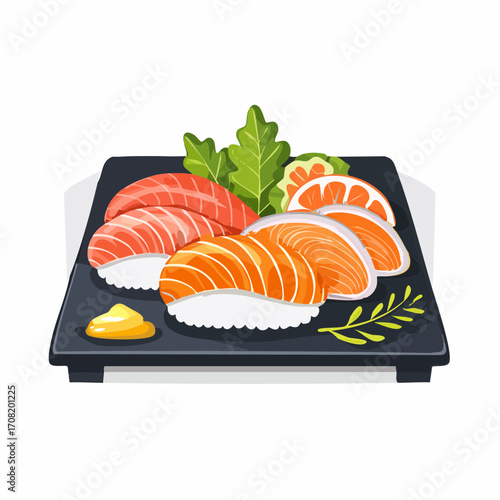 Sashimi Platter with Salmon and Tuna on Black Rectangular Dish