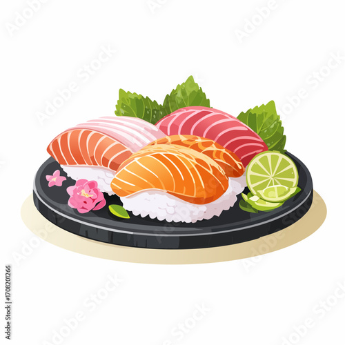 Assorted Sushi on Black Plate with Lime and Herbs