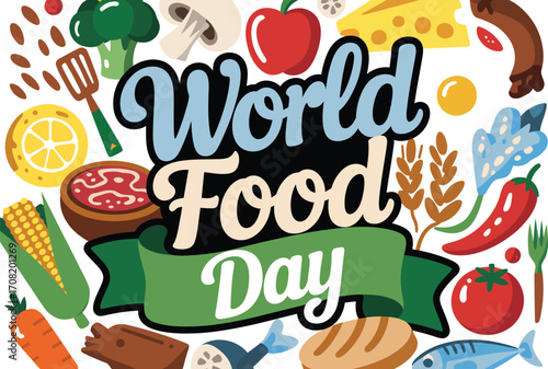 Vibrant illustration celebrating World Food Day with diverse fresh ingredients and healthy produce.
