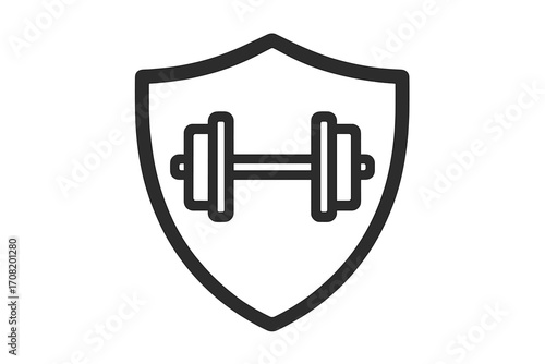 Shield with dumbbell icon. Symbol of fitness protection, gym security, strength training. Vector logo for workout power, physical defense, bodybuilding and powerlifting.