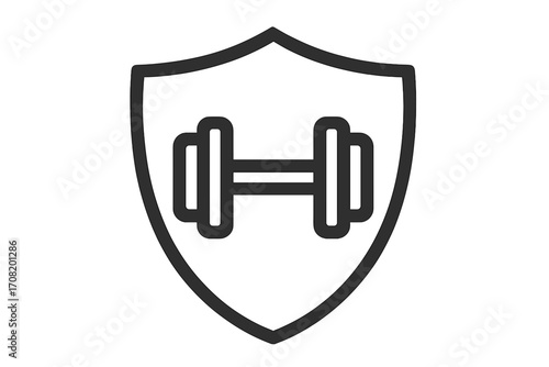 Dumbbell in a shield icon. Fitness protection, gym security concept. Workout, bodybuilding, strength training safety emblem. Health guard and sport insurance logo. Vector outline.