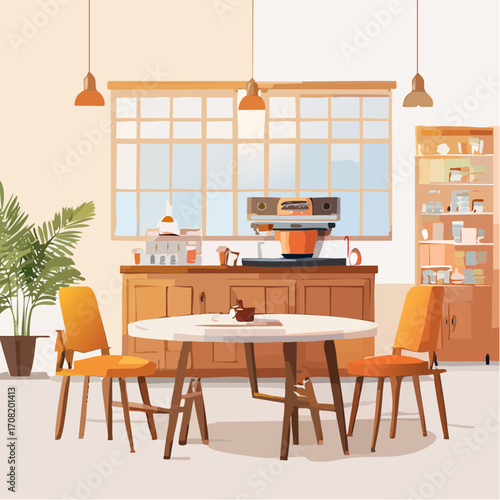 Modern Coffee Shop Interior Design with Orange Chairs and Wooden Cabinets