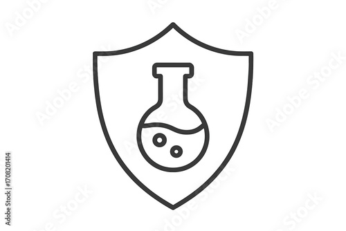 Chemical safety shield with lab flask icon. Science protection, research guarantee, experiment quality control. Laboratory analysis, scientific formula, tested substance concept.