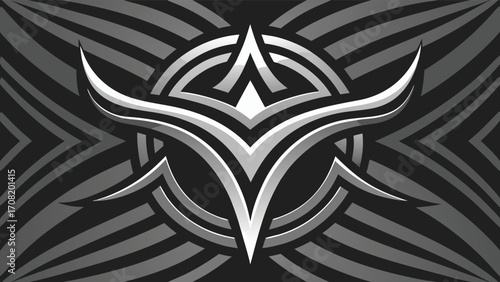 Silver Tribal Bull Horns Emblem with Dark Striped Background abstract logo