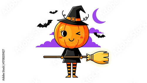 Whimsical Halloween Witch Pumpkin: An adorable pumpkin dressed as a witch, complete with a pointed hat and broom, winks playfully, inviting us into a world of Halloween charm and magic. 