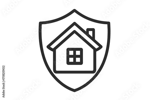 Home security icon. House protection shield symbol. Real estate insurance concept. Property safety and guard sign. Vector line art for web, app, secure living. Family home care.