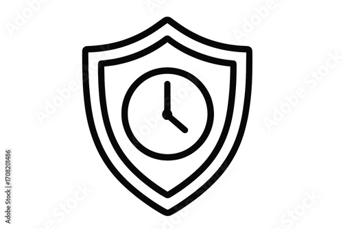 Time protection shield icon. Long-term security and guarantee concept. Punctuality and deadline safety symbol. Vector illustration for business and project management.