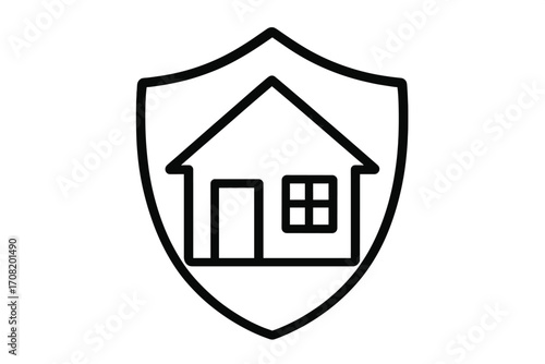 Home security icon, house protection symbol. Real estate insurance vector logo. Property safety sign. Shield with a house outline. Secure home concept for web design and apps.