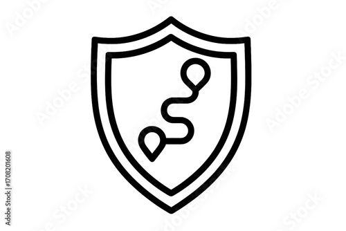 Route protection shield linear icon. Secure path, safe journey concept. Navigation safety and travel insurance guard symbol. Vector outline for gps, logistics, delivery, tracking.