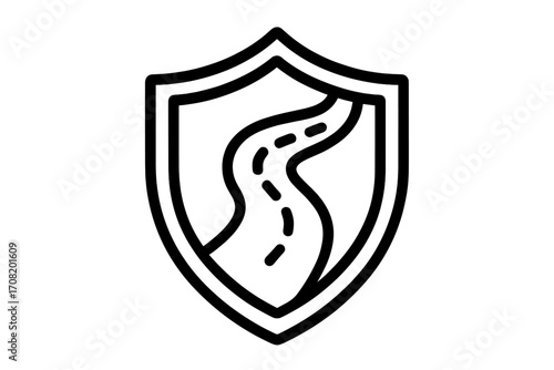 Road safety shield icon for car insurance and travel protection. Secure journey and trip guard concept. Vector line art for navigation, transport, and auto safety logo design.