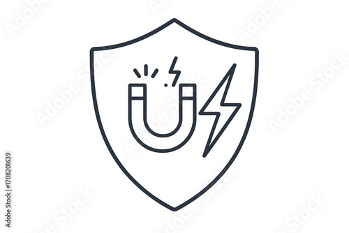 Magnetic force field protection icon. Vector linear shield with magnet and lightning bolt. Concept of energy security, power defense, and electromagnetic safety. Minimalist outline logo.