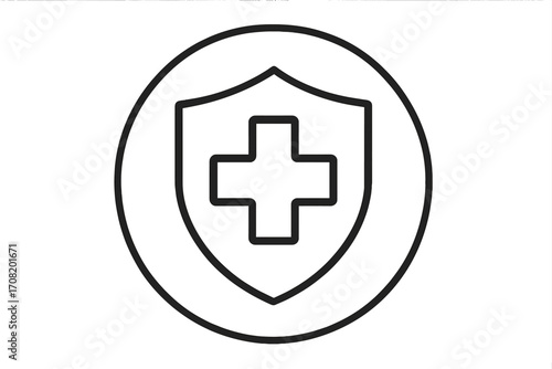 Medical health protection shield with plus icon. Healthcare insurance safety symbol. Security, guard, aid concept. Medicine, pharmacy, hospital logo. Vector line art illustration.