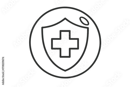 Medical health protection shield with cross. Healthcare insurance safety symbol. Line icon for hospital, pharmacy, emergency service. Secure guard defense vector logo.