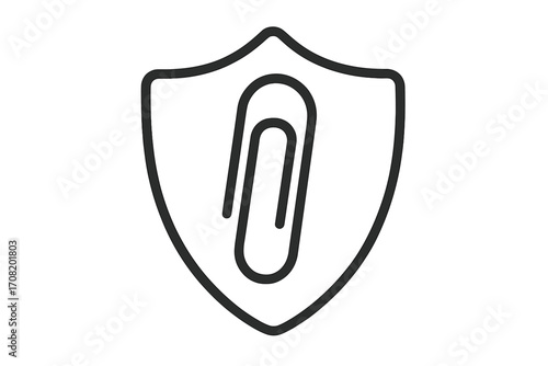 Secure attachment icon. Data protection shield with paperclip. Confidential document safety symbol. Office information privacy sign. Vector line art for web and apps.