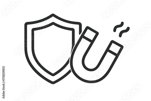 Magnet and shield line icon. Customer retention and attraction concept. Data protection, security, and safety symbol. Magnetic force metaphor for business marketing. Vector