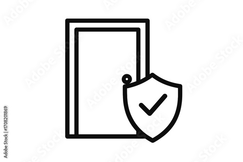 Home security concept with door and shield protection icon. Approved safety checkmark symbol. Thin outline vector graphic for web design, business apps, and insurance logo.