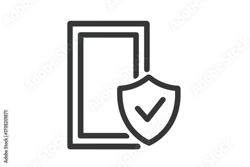 Mobile phone security icon. Smartphone screen protection concept. Shield with checkmark for data privacy. Secure device access symbol. Safety and guarantee verified and approved.