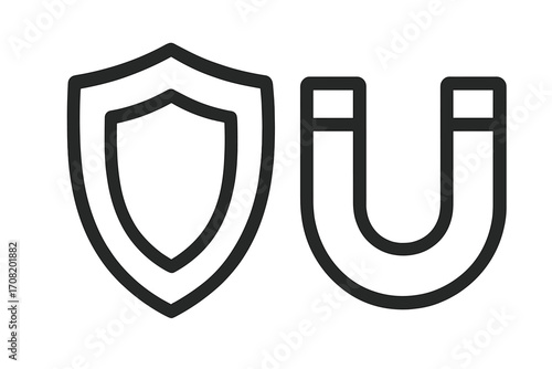 Shield and magnet icon. Concept of customer attraction and retention, marketing strategy. Lead generation and data security metaphor. Secure investment and client trust symbol.