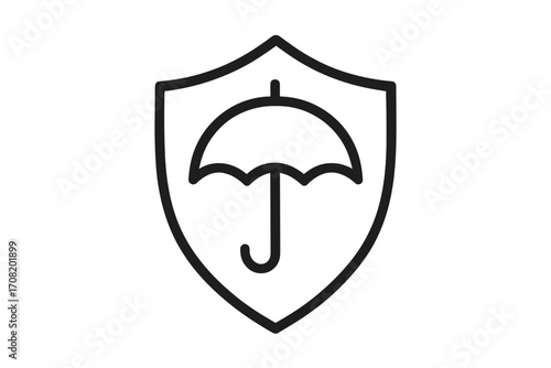 Insurance icon. Shield with umbrella. Concept of protection, safety, security, guarantee. Metaphor for financial defense, risk management, reliability. Vector logo element.