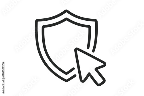Shield with cursor icon for safe browsing and web security. Data protection, cybersecurity, internet privacy concept. Secure click, antivirus guard symbol. Vector line art logo.
