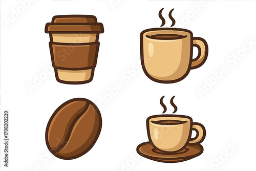 Coffee icon set vector cartoon illustration. Take away paper cup, hot mug, bean, espresso. Cafeteria element, coffee shop logo concept, beverage symbol for apps and web.