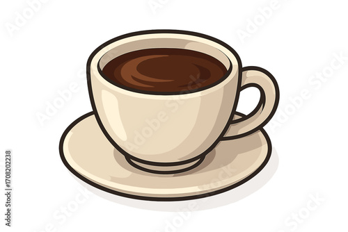 Coffee cup vector illustration. Hot espresso drink in a mug. Cartoon icon for cafe menu, coffee shop logo, app, or web. Isolated hot beverage clipart on a saucer.