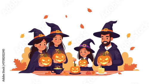 Happy Halloween: A family dressed in witch costumes, beaming with joy as they hold illuminated jack-o'-lanterns during a festive halloween.