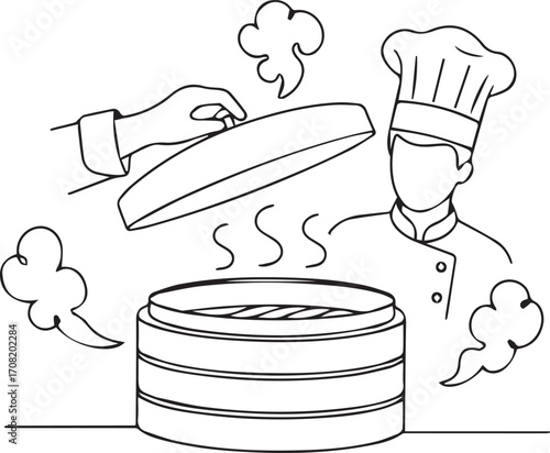 Chef Steaming Food Line Art Icon – Restaurant and Asian Cuisine Logo Design