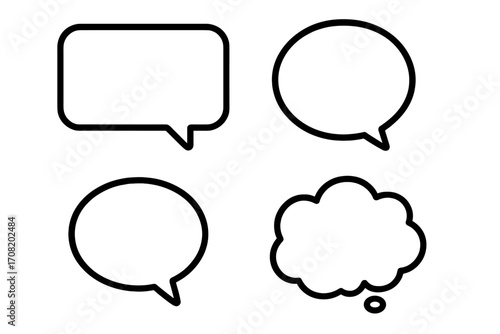 Speech bubble outline vector set, linear cartoon style, chat and message icons, graphic design elements, communication symbols for apps, adverts, cards, transparent background