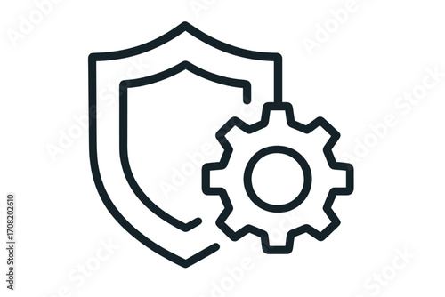 Tooth dental shield protection icon with cog wheel settings, vector outline illustration for graphic design, healthcare apps, adverts, dental care services, transparent background