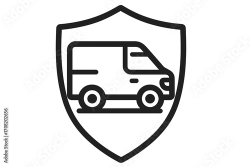 Modern outline style van icon by shield, delivery vehicle symbol, transport service emblem, cargo van silhouette for design, cards, apps, social networks, isolated vector illustration