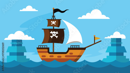 Pirate ship sailing on the high seas with jolly roger flags and clouds