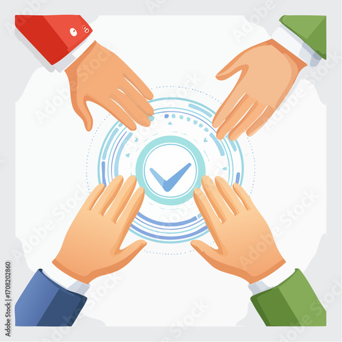 Four Hands Encircling a Teal Check Mark on a Circular Tech Interface