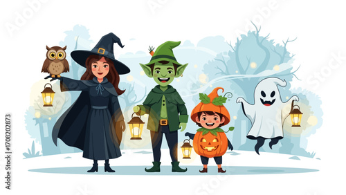 Whimsical Halloween Characters Gathering: A delightful illustration featuring a witch, an elf, a jack-o'-lantern-clad child, a spectral ghost, and an owl. Each character is holding a lantern.