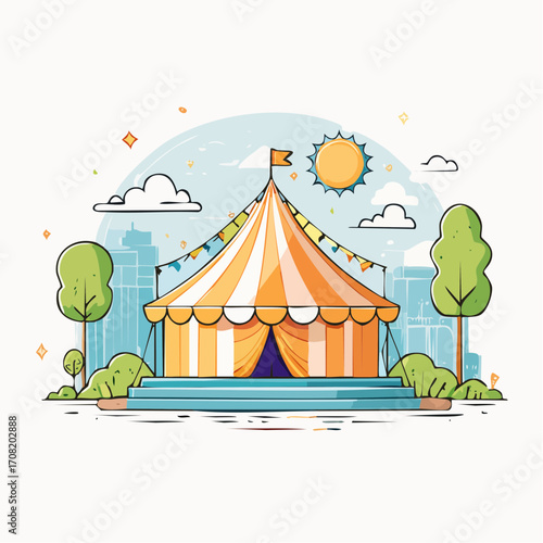 Orange And White Striped Circus Tent In City Park Illustration