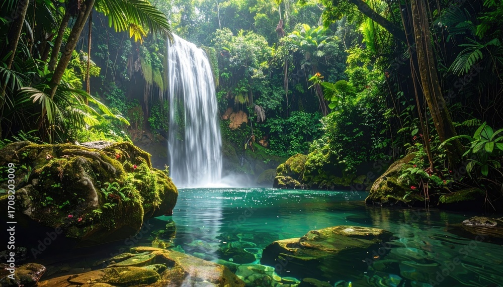 Fototapeta premium Secluded Waterfall in Rainforest Valley with Lush Greenery and Rocks in Tropical Jungle Landscape with Natural Lighting